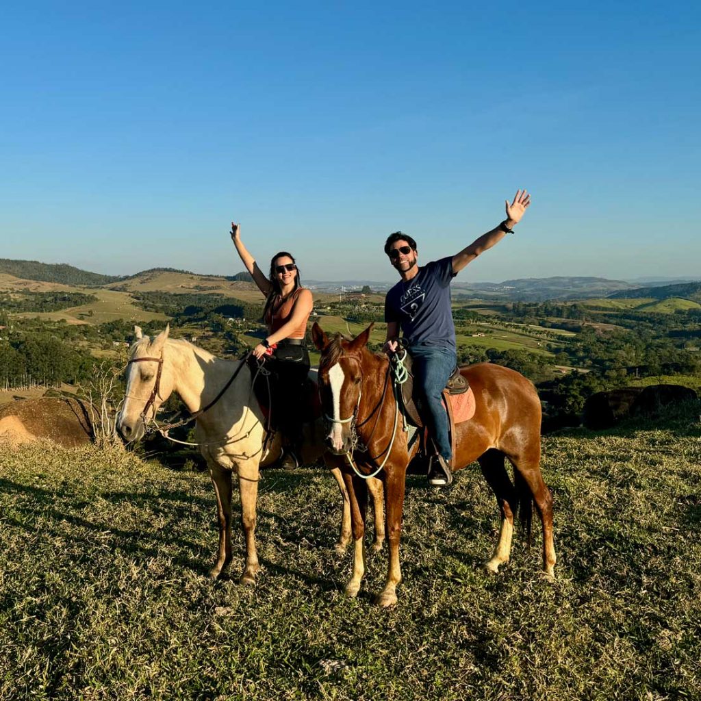 A couple on a horseback riding tour on haras do pegasus